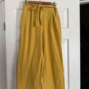 Mustard Yellow Wide Leg Pants Elastic Waist Size M Linen Look